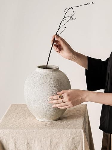 Large White Ceramic Vase - 9.8 Inch Rustic Farmhouse Flower Vase for Home Decor, Minimalist Tall Vases for Living Room, Table, Bathroom, Holiday & Weddings (Sandstone Yellow) thumbnail 5
