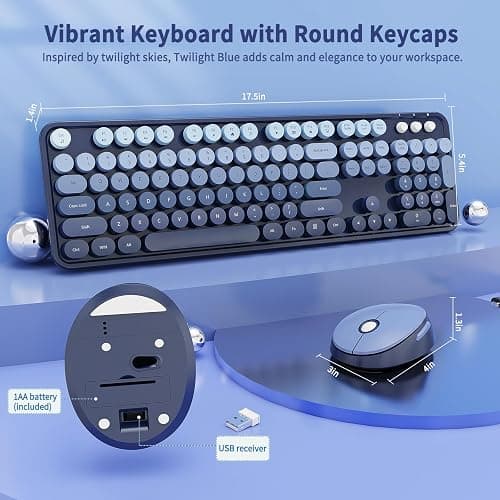 Nowlike Wireless Keyboard and Mouse Combo, Retro Typewriter Keyboard with Round Keycaps, Full-Size Ergonomic, Blue, Ideal for Windows PC, Home, Office, and College, Wireless Keyboard Mouse Combo thumbnail 6