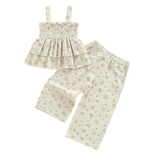 Hibabying Toddler Baby Girl Clothes Sleeveless Smocked Ruffle Tank Tops and Long Pants Summer Little Girls Outfits - Image 1