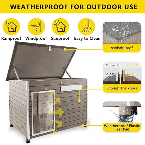 Gowoodhut 34" L Dog House Outdoor,Indoor Dog Kennel for Small & Medium & Large Dogs with Openable Asphalt Roof,100% Natural Fir Wood Outdoor Indoor Dog Houses with Removable Floors,Raised Feet,Grey thumbnail 3