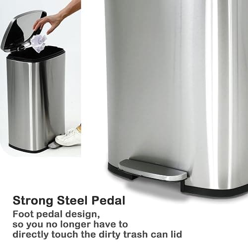 BIQWBIC 50 Liter / 13 Gallon Kitchen Trash Can, Stainless Steel with Lid, Foot Pedal and Inner Bucket, Fingerprint-Resistant Soft Close Lid Garbage Can, Odor Proof and Hygienic - Stainless Steel thumbnail 4