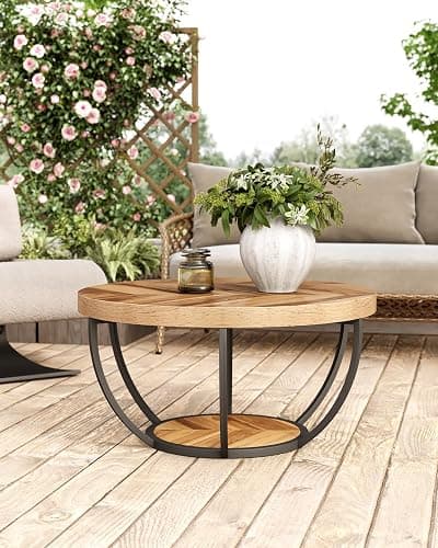 LITTLE TREE Round Coffee Table, 32" Circle Coffee Table for Living Room, 2-Tier Wood Accent Center Table with Open Storage Industrial Design Home Furniture (Wood Grain and Black) thumbnail 5