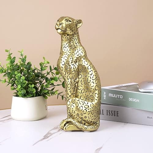 Modern Polyresin 11" H Gold Cheetah Figurine Sitting Home Decor Realistic Antique Classical Leopard Resin Animal Ornament Statues Living Room Decor Ornament Figures thumbnail 2