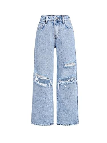 Feuoive Girls Baggy Jeans Wide Straight Leg Elastic High Waisted Denim Pants Fashion Y2k Boyfriend Skater Streetwear 7-14Y - Image 1