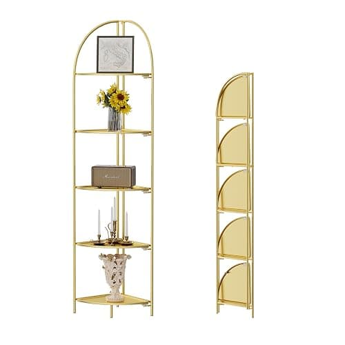 Crofy Foldable 5 Tier Corner Shelf, Metal Corner Plant Stand with Gold Frame and Gold Shelves, Corner Display Rack Multipurpose Shelving Unit for Living Room, Bedroom, Bathroom - Image 1