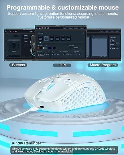 SOLAKAKA SM600 White Wireless Gaming Mouse,Tri-Modes BT5.1/Type-C Wired/2.4G Wireless Mouse with 2 Side Buttons, Programmable Macro Gamer Mouse with RGB Light for Laptop/PC/Mac thumbnail 4