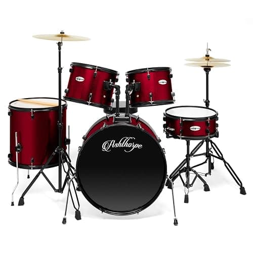 Ashthorpe 5-Piece Complete Full Size Adult Drum Set with Remo Batter Heads - Red thumbnail 2