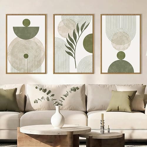 DRACIT Large Sage Green Boho Framed Canvas Wall Art Set-24"x36"x3 | Abstract Modern Beige Green Arch Wall Decor,Minimalist Leaf Lines Artwork for Living Room,Bedroom,Office - Image 1