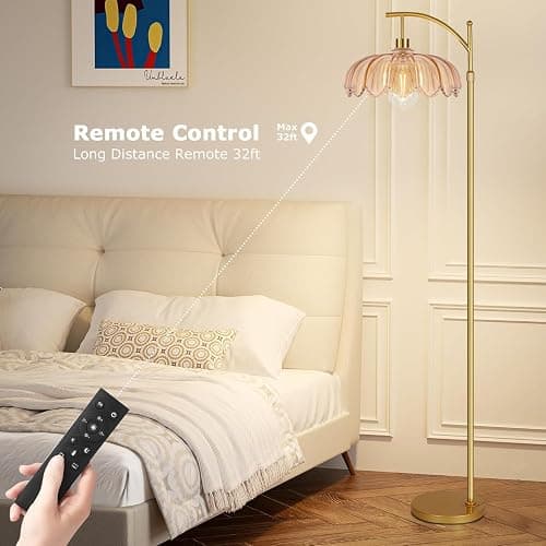 ILLMTW Gold Floor Lamp for Living Room,Bedroom,Mid Century Modern Standing Lamp with Remote,Dimmable Brass Tall Lamp Amber Glass Lamp Vintage Retro Arc Floor Lamps Flower Floor Light Boho Bohemian - 8-Floor Lamp thumbnail 3