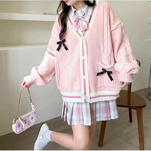 FindThy Women’s Kawaii JK School Uniform Cardigans Long Sleeve Button Up Cardigan with Pinned Bowknot thumbnail 2