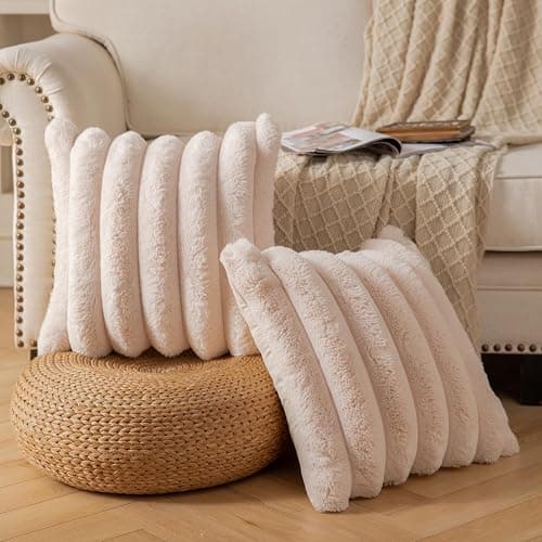 YAERTUN Set of 2 Beige Striped Decorative Cushion Covers 16x16 Inch 40x40 cm Plush Soft Throw Pillow Case with Velvet Back Faux Rabbit Fur Pillow Covers Sofa Couch Bed Livingroom thumbnail 2