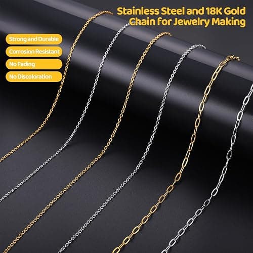 Zefy 18K Gold Silver Chain for Jewelry Making, 19.7ft 6 Rolls Stainless Steel Chains Bulk with 348 Pcs Charms, Jump Rings Lobster Clasps Set for DIY Bracelet Necklace Crafts thumbnail 2
