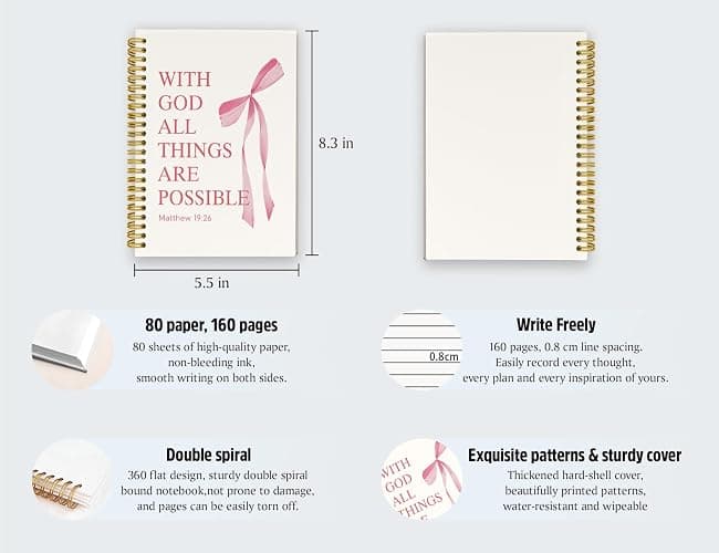 ICEWHITEY Bible Journal for Girls,Christian Gifts Prayer Journal for Women,Cute Pink Bible Notebook Gifts for Teen Girls Kids,Coquette Preppy Bow Spiral Notebooks Journals,5.5x8.3 Inch thumbnail 3
