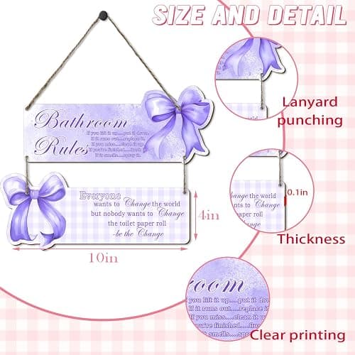 Purple Bow Bathroom Wall Decor - Set of 2 Fun Rustic Wooden Signs, Teen Bedroom Decor, Suitable for Teen and Girl Bedrooms, Gifts for Daughters and Besties thumbnail 3