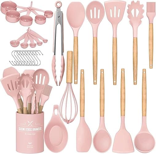 Umite Chef Silicone Kitchen Utensils Set, 33 Piece Non-Stick Kitchen Utensils with Stand, Wooden Handle, Pink - Image 1