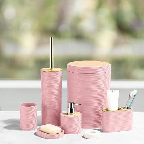 CERBIOR Bathroom Accessories Set 6 Piece Bamboo Bath Ensemble Includes Soap Dispenser, Toothbrush Holder, Toothbrush Cup, Soap Dish for Decorative Countertop and Housewarming Gift, Sriral Pink thumbnail 2