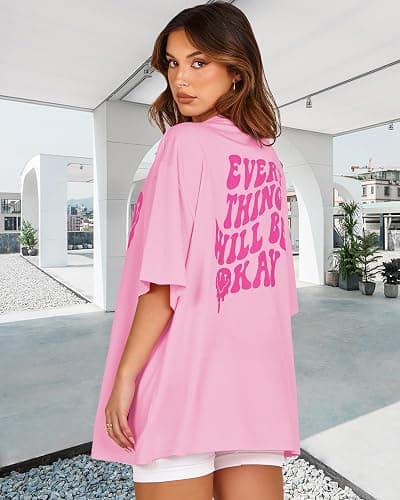 Womens Oversized Tshirt Graphic Tees Crew Neck Summer Short Sleeve Loose Fit Tops - X-Large - A-letter Print Pink thumbnail 3