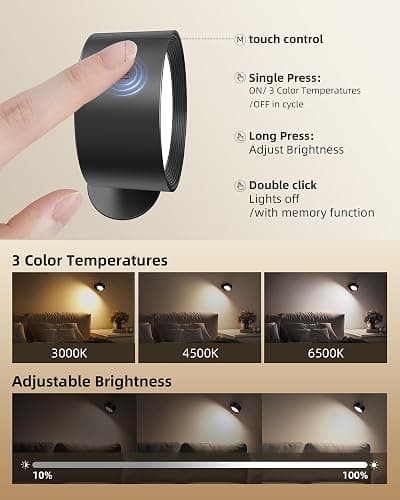 LED Wall Mounted Lights, Rechargeable Wall Sconces with Remote & Touch Control, 3 Color Temperatures 360° Rotation Dimmable Cordless Wall Light for Bedroom Study Reading Bedside (Black, 3 Pack) thumbnail 5