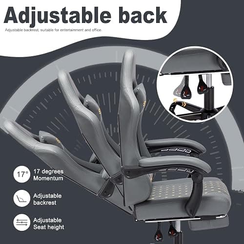 Symino Gaming Chair with Footrest, Computer Ergonomic Video Game Chair, Adjustable Swivel Task Chair with Lumbar Support, PC Chairs, PU Leather Game Chairs for Adults, Grey thumbnail 6
