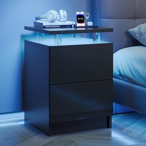 Nordivale 15" Black Nightstand Set of 2 with LED Lights, Modern Bedside Tables for Bedroom, Nightstands with 2 Storage Drawers, 15 Inch Sturdy Storage End Tables, Black thumbnail 7