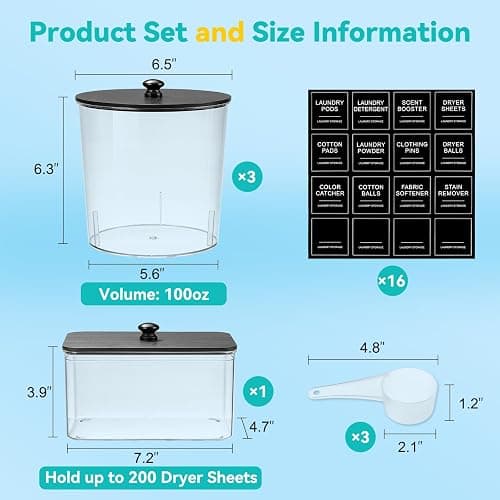 SACIOVEE Laundry Pods Container & Dryer Sheet Holder, Laundry Room Organization and Storage Jars with Lids, Labels & Scoops for Powder Detergent Scent Booster, Black Lid thumbnail 2
