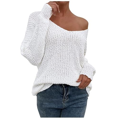 Sexy V Neck Sweaters for Women Off Shoulder Jumper Long Sleeve Lightweight Knit Top Casual Loose Fit Fall Pullover Sweater - Image 1