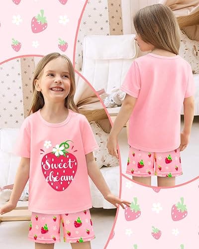 Nidoul Girls Pajamas Short Sleeve Toddler Summer Pjs Girls' Sleepwear 2 Pieces Lounge Sets Kids Clothes 3T-14Y - Pink Strawberry - 5-6 Years thumbnail 2