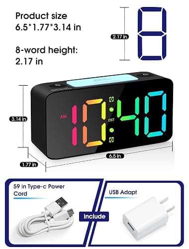 Cadmos Super Loud Alarm Clock for Heavy Sleepers Adults,Digital Clock with 7 Color NightLight,Adjustable Volume,USB Charger,Small Clocks for Bedrooms Bedside,ok to Wake for Kids,Teens (Black+RGB) thumbnail 2