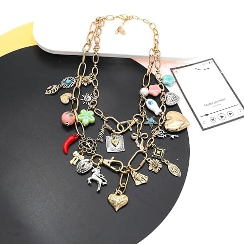 JNF Chunky Layer Heart Charm Necklace for Women Boho Heart Sun Flower Key Coins Charms Necklaces Paperclip Link Chain Necklace Y2K Statement Jewelry thumbnail 7