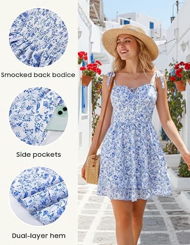 Scarlet Darkness Floral Mini Dress for Women Corset Graduation Sundress | Sleeveless milkmaid sweetheart neckline, adjustable tie straps, cinched waist, summer dresses for Homecoming with pockets thumbnail 5
