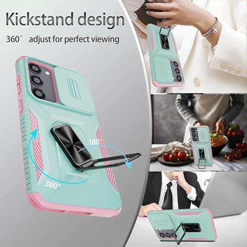 for Galaxy S23 Case,with Sliding Camera Lens Cover,HD Screen Protector,360° Rotating Kickstand,AYMECL Military-Grade Shockproof Protective Cover for Samsung Galaxy S23,Mint+Pink thumbnail 5