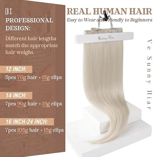 Ve Sunny Clip in Human Hair Extensions Platinum Blonde Clip in Hair Extensions Real Human Hair Clip on Extensions Human Hair Daily Use 120g 7pcs 16inch thumbnail 2