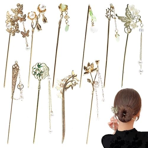 10Pcs Gold Vintage Hair Sticks Pins Metal Long Hairpins with Butterfly Flower Pearls Beads Jade Tassel Pendant Asian Chinese Hanfu Hair Chopsticks Hair Bun Updo Holders Hair Accessories for Women - Image 1