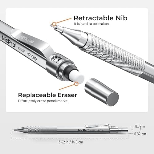 Nicpro 45PCS Black & Silver Metal Mechanical Pencil Set in Leather Case, Art Drafting Pencil 0.5, 0.7, 0.9 mm, 2mm Lead Holders for Sketching Drawing With 27 Tube (6B 4B 2B HB 2H 4H Colors)Lead Refill thumbnail 3