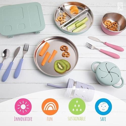 Elk and Friends Kids Stainless Steel Divided Plates with Silicone Suction Sleeves | Lids Included | Suitable for Babies/Toddlers | Dishwasher Safe | Stay Put Dinnerware | Snack Dishes | 2 Pack thumbnail 2