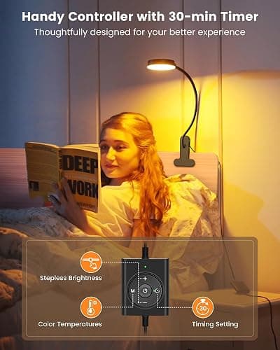 Glocusent 5W Clip on Light, 36 LED Eye Caring Reading Light for Bed, 3 Colors & 5 Brightness Clip on Lamp with Adapter, Perfect Desk Lamp with Clamp/Bunk Bed/Headboard/Table thumbnail 5