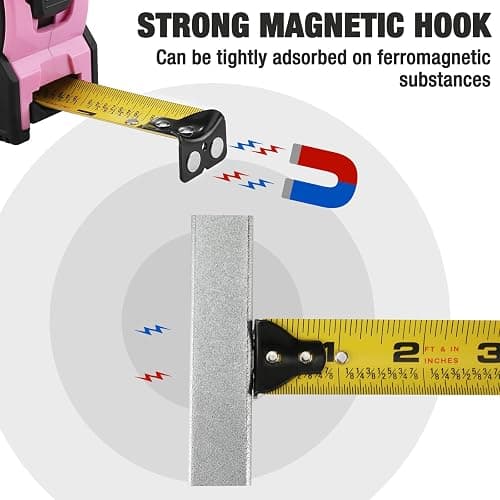 WORKPRO 25FT Pink Tape Measure, 1/8 Fractions Easy Read Measuring Tape, Retractable Nylon Coating Measurement Tape Accuracy 1/32, Magnetic Hook, Belt Clip, Rubber Protective Casing - Pink Ribbon thumbnail 6