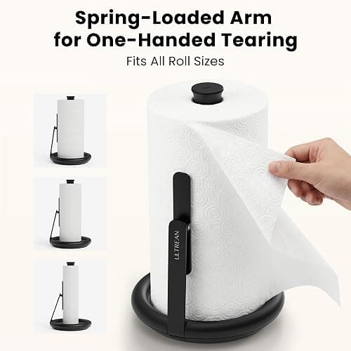 Ultrean Paper Towel Holder with Spray Bottle, Countertop Freestanding Paper Towel Dispenser with Spring-Loaded Tension Arm for One-Handed Tear, Weighted Base, Stainless Steel for Kitchen, Black thumbnail 6