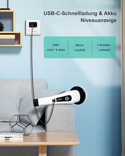 Elektrische Reinigungsbürste,Electric Spin Scrubber schnurlos mit 8 austauschbaren Bohrbürstenköpfen, Wanne und Bodenfliese mopSet mit 137cm verstellbarem Griff für Bad Küche Auto Fußboden (Weiß) thumbnail 4