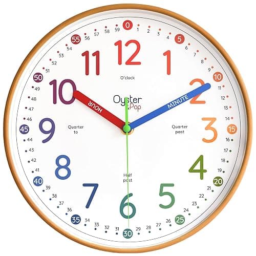 Oyster&Pop Kids Learning Wall Clock - Silent Non-Ticking Analog 10 Inch Teaching Clock for Classrooms & Bedrooms - Makes Telling Time Easy for Kids thumbnail 8