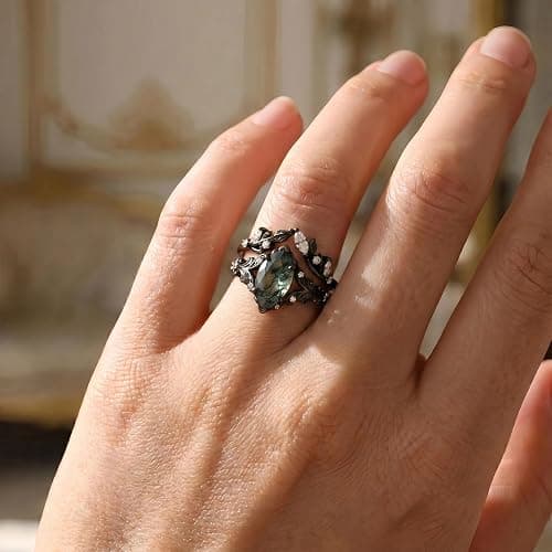 FYBIOD 10K 14K 18K Gold Custom Natural Moss Agate Couple Rings 2PCS/3PCS Moss Agate Wedding Promise Ring Sets for Him and Her Couple Size 3-16 thumbnail 6
