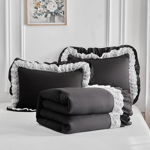 Joyreap Queen Size Comforter Set Black, 3pcs Lace Ruffled Bedding Comforter Set, Microfiber Vintage Boho Chic Bedding Set for All Season- 88x88 inches thumbnail 4