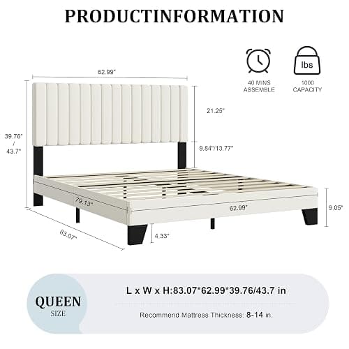 AILUNWALL Queen Size Bed Frame, Velvet Upholstered Platform Bed with Adjustable Tufted Headboard, Sturdy Frame and Slats, Noiseless, No Box Spring Required, Easy to Assemble, Beige thumbnail 2