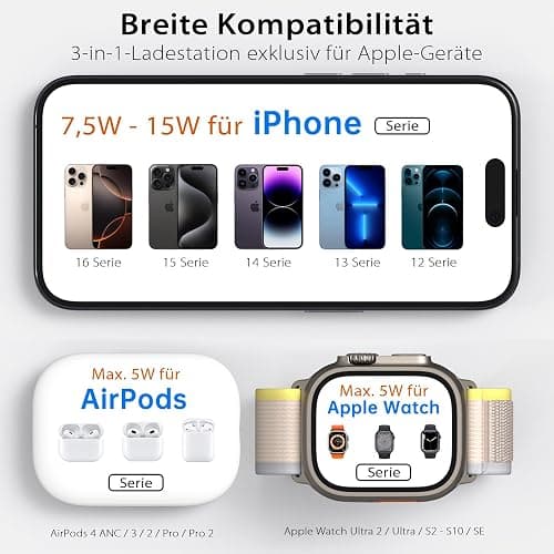 KU XIU X40 Induktive Ladestation 3 in 1 – Magnetisches Kabelloses Ladegerät, Faltbares Reiseladegerät für iPhone Serie 17–12/Air, 5W für iWatch Serie 11–4/Ultra/SE und Kabellose Kopfhörer – Schwarz thumbnail 6