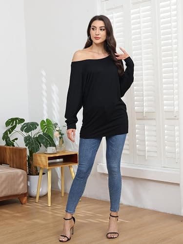 Poetsky Women's Long Sleeve Off Shoulder Tunic Tops Loose Casual Oversized Shirts Blouse thumbnail 9