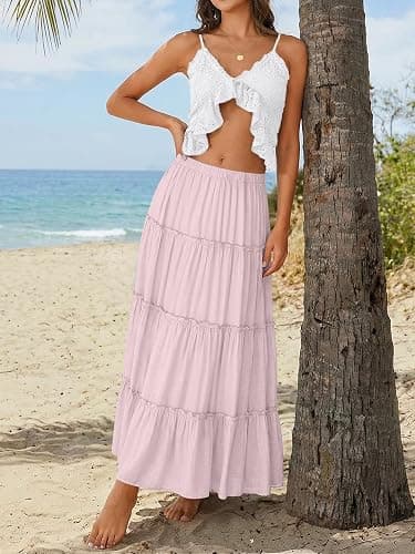 Trendy Queen Vacation Outfits Long Skirts for Women Boho Maxi Skirt Elastic High Waist Dress with Pockets Fashion thumbnail 2