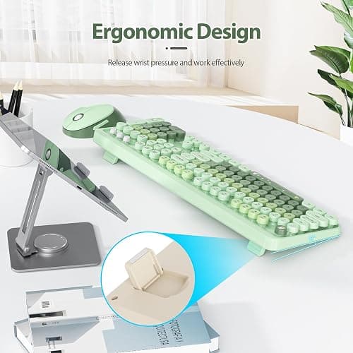 Fogruaden Green Keyboard and Mouse Wireless, Retro Typewriter Keyboard, 2.4GHz 104 Keys Full Size Cute Keyboard with Number Pad, Gradient Colorful Keyboard with Round Keycaps for Windows PC Laptop thumbnail 5