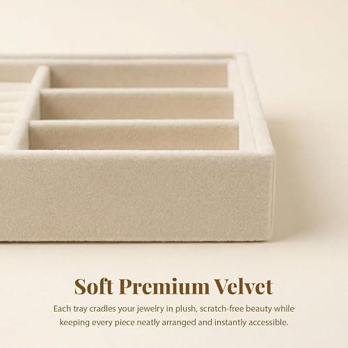 Elsjoy 8 Pack Velvet Jewelry Trays, Stackable Jewelry Organizer Trays for Drawers, Beige Jewelry Storage and Display Tray Inserts for Necklaces, Rings, Earrings thumbnail 6