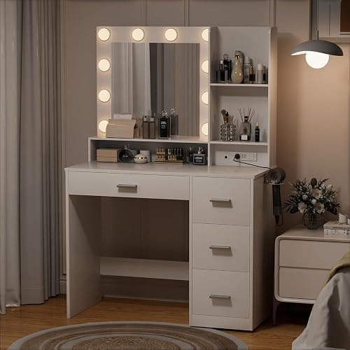YESHOMY Vanity Desk with Mirror, Power Outlet and 10 Lights, Makeup Table with 4 Drawers, 3 Color Modes Available for Bedroom, White, 39.3x17.7x58.8 inch thumbnail 3