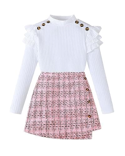 Coaturi Girl Fall Clothes Sets: 2 Piece Fall Winter Outfit Long Sleeve Ruffle Top Mini Plaid Skirt for Tween Girl 8-12 Years - Image 1
